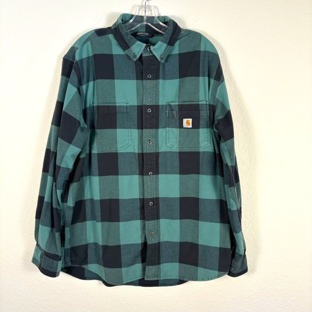 MEN'S Carhart Shirt Rugged Flex Relaxed Fit Green Plaid Button-Down Flannel L